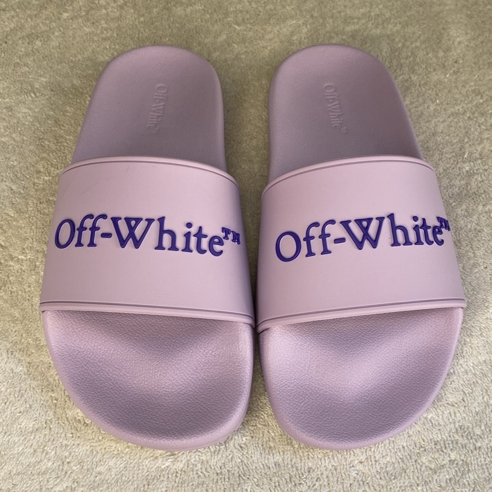 NEW & SOLD OUT OFF-WHITE Bookish Logo Slide Sandals in Lavender (EU 37 / US 7) - Picture 3 of 7